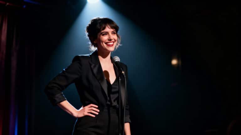 Humoriste souriant sur scène avec micro.