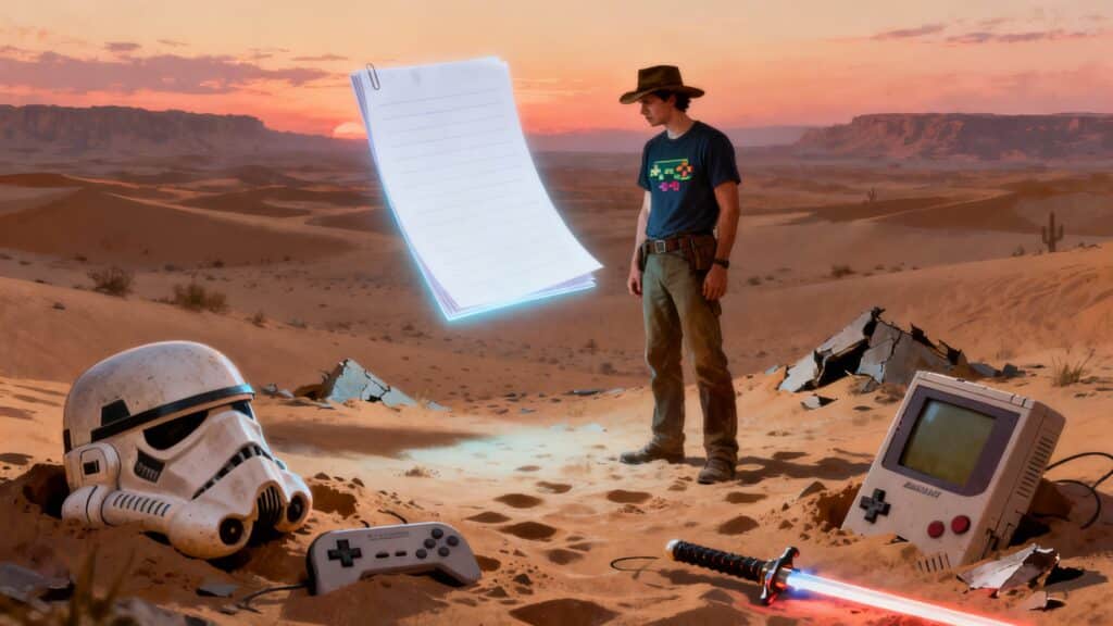 Homme dans désert avec objets geek iconiques.