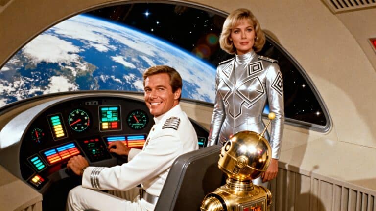 Astronautes dans un vaisseau spatial avec robot doré.