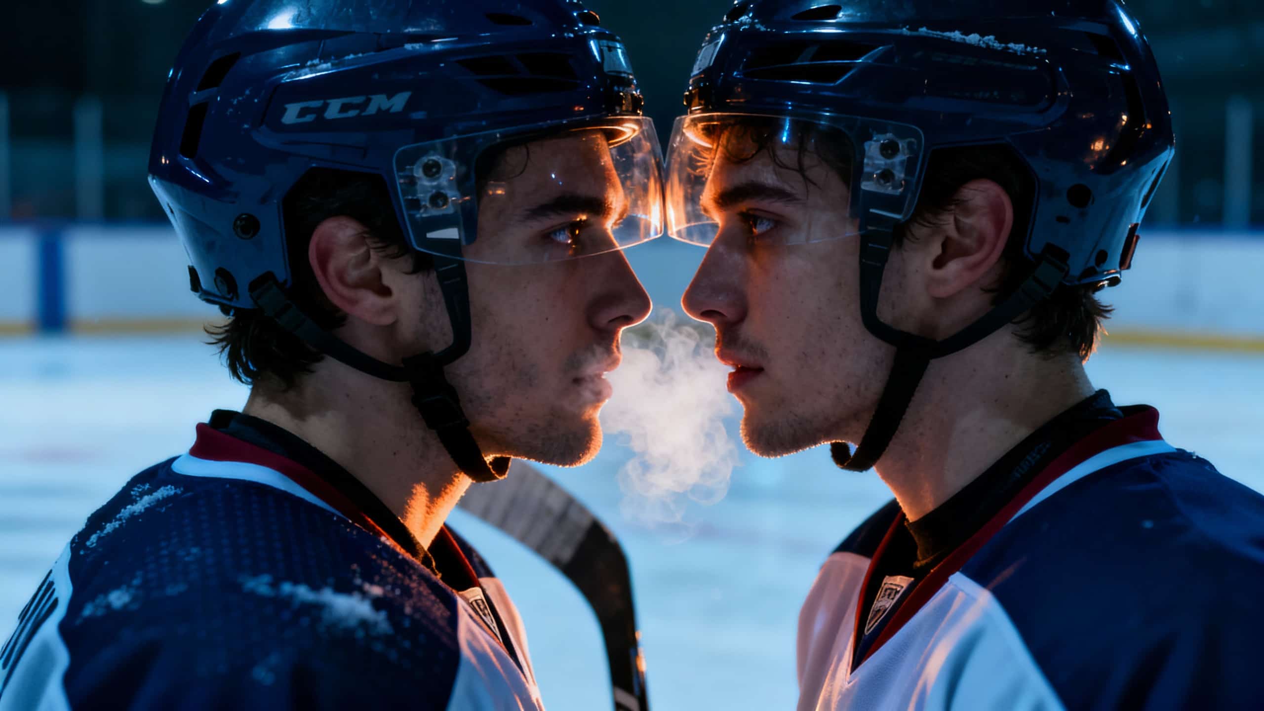 Deux joueurs de hockey face à face.