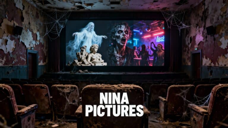 Cinéma abandonné avec film d'horreur à l'écran.