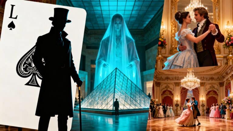 Silhouettes, pyramide verre, danseurs salle de bal.