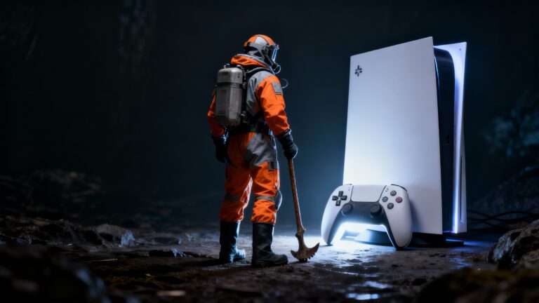 Astronaute contemplant une console de jeu futuriste.