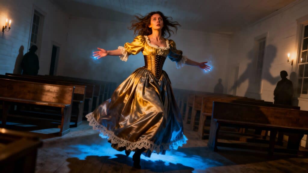 Femme en robe dorée dans une église sombre.