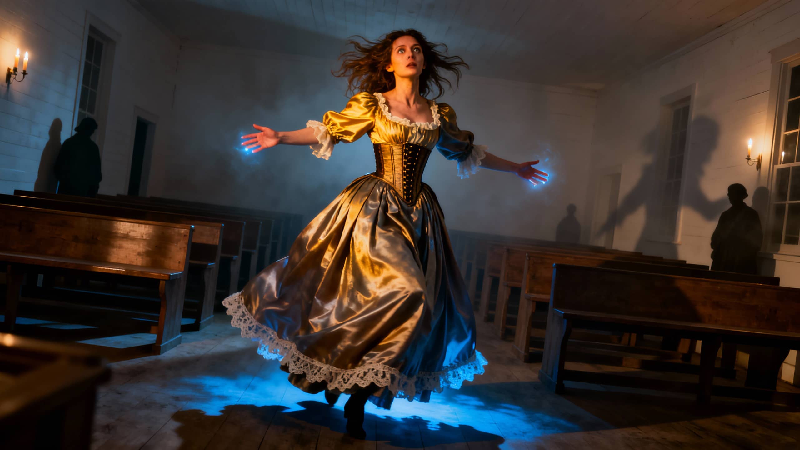 Femme en robe dorée dans une église sombre.
