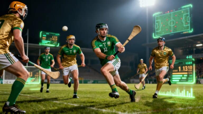 Match de hurling en cours sous éclairage nocturne.