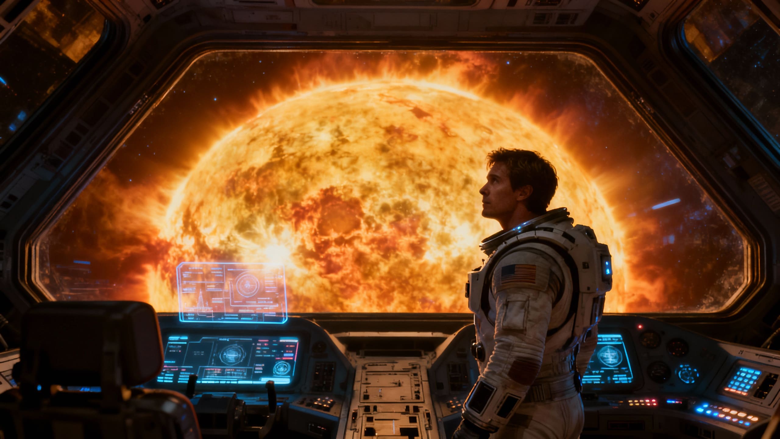 Astronaute observant le soleil depuis un vaisseau spatial.