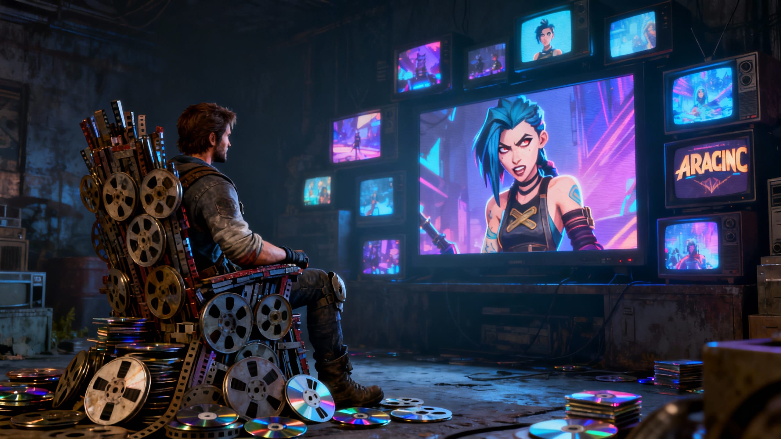 Homme regarde multiples écrans avec personnage animé.