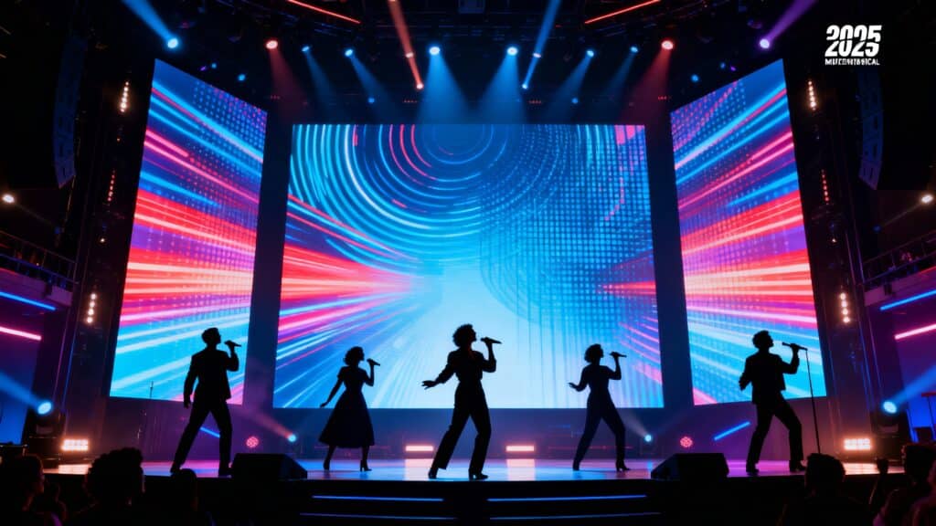 Concert avec chanteurs devant écran lumineux coloré.