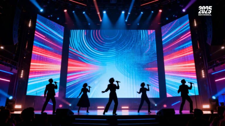 Concert avec chanteurs devant écran lumineux coloré.