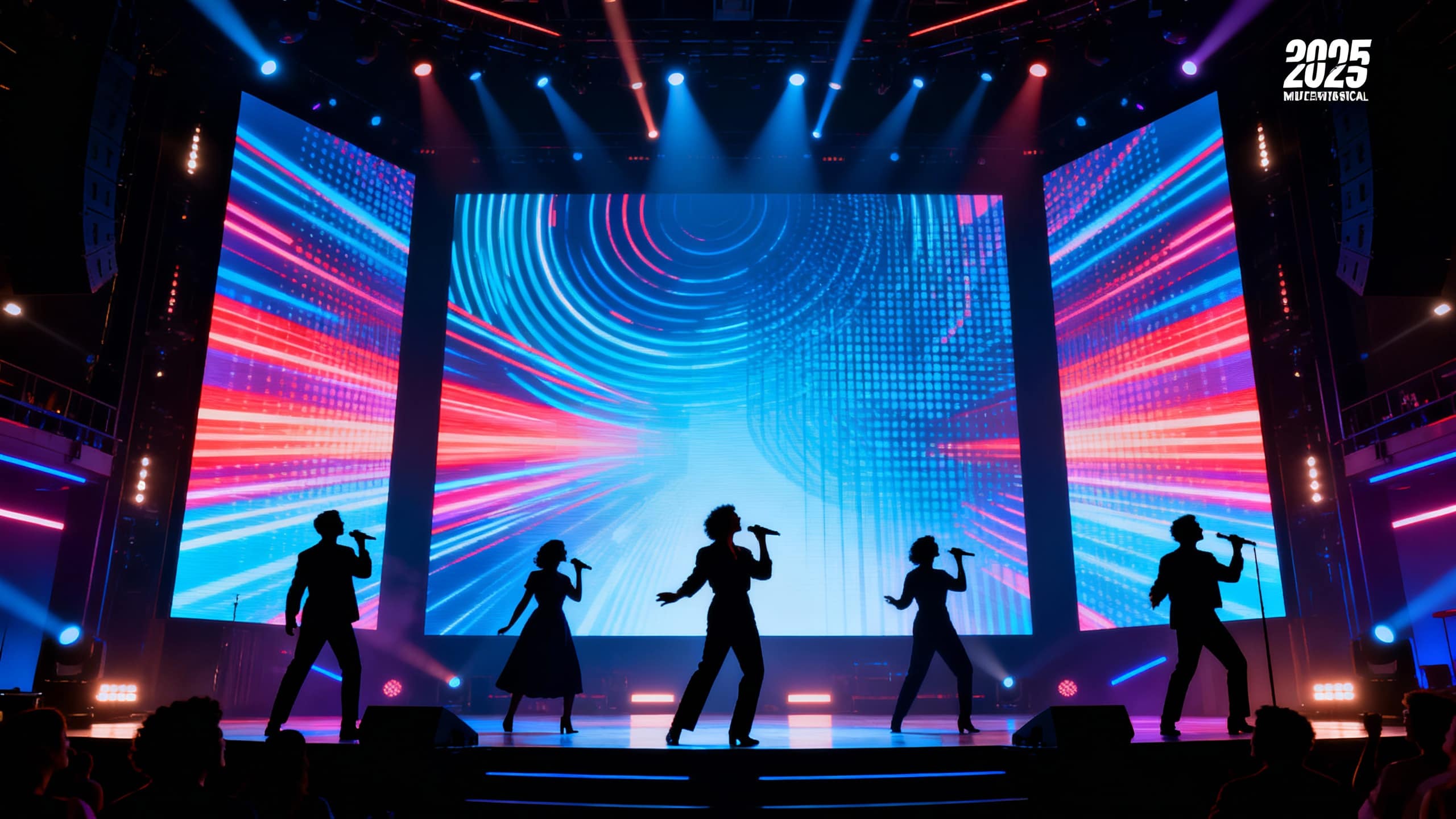 Concert avec chanteurs devant écran lumineux coloré.