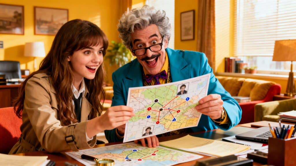 Deux personnes enthousiastes regardant une carte.