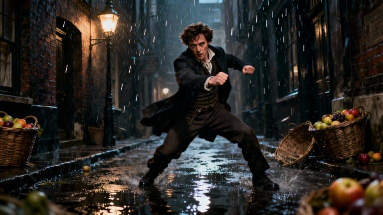 Homme en position défensive sous la pluie dans la rue.