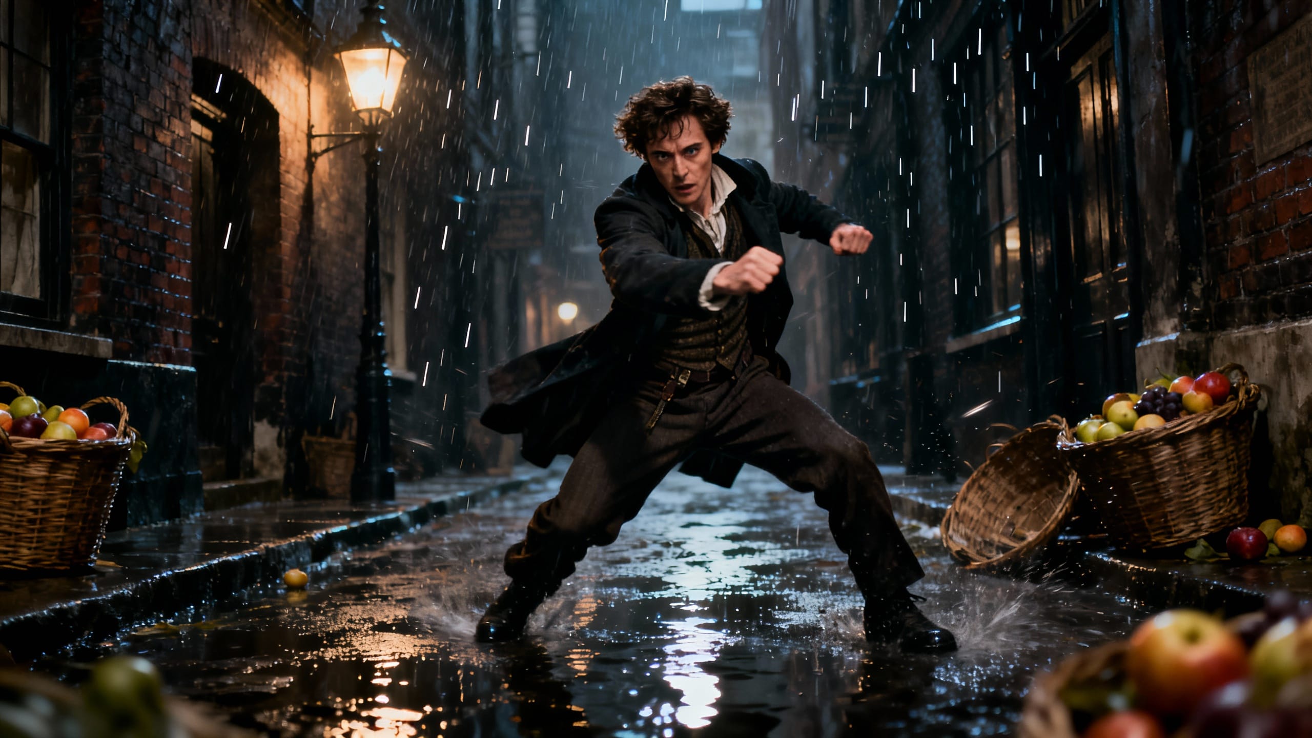 Homme en position défensive sous la pluie dans la rue.