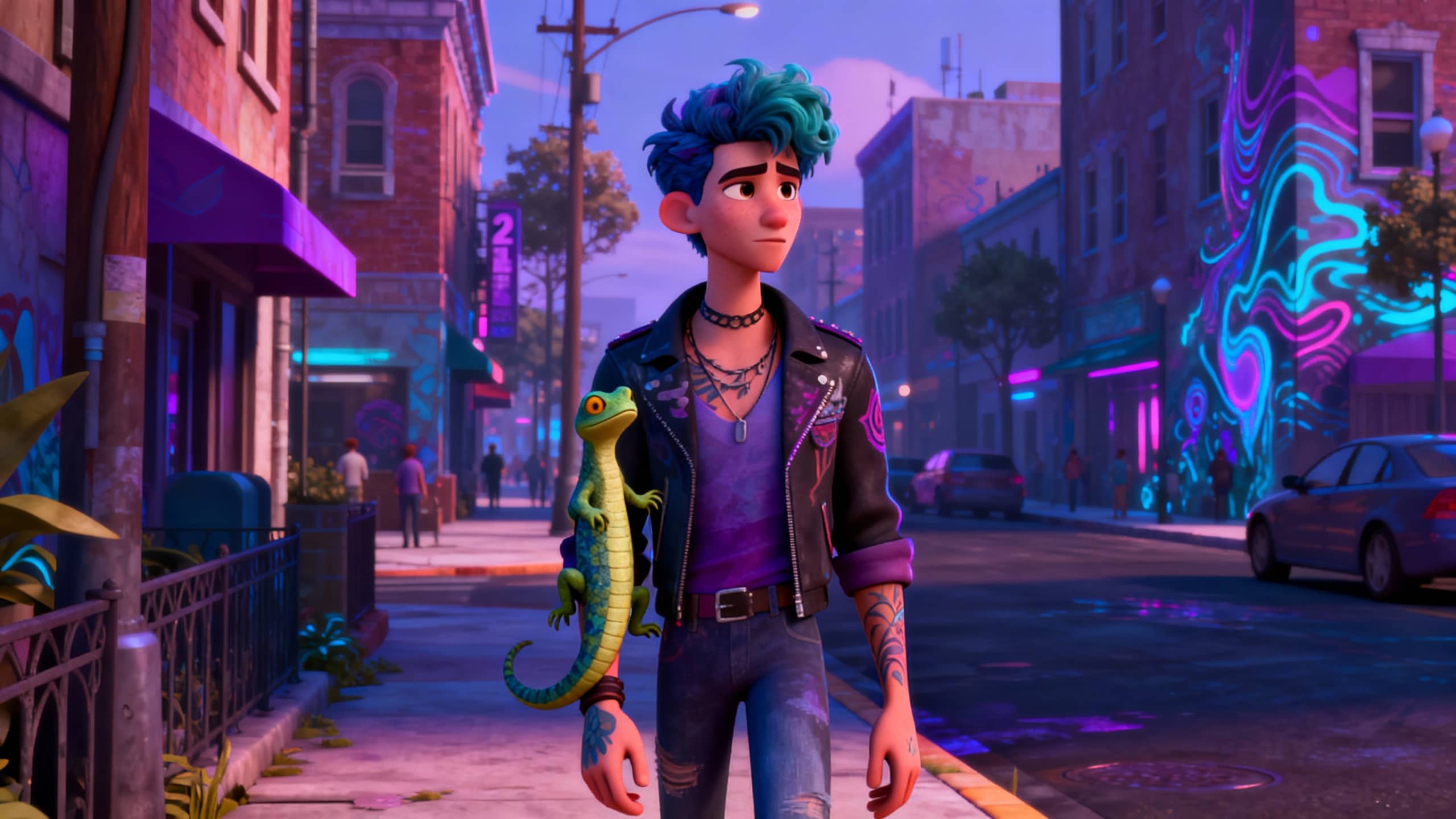 Personnage animé avec lézard en ville colorée.