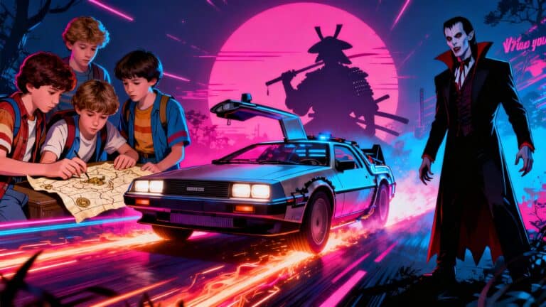 Enfants avec carte, voiture futuriste, samouraï, vampire.