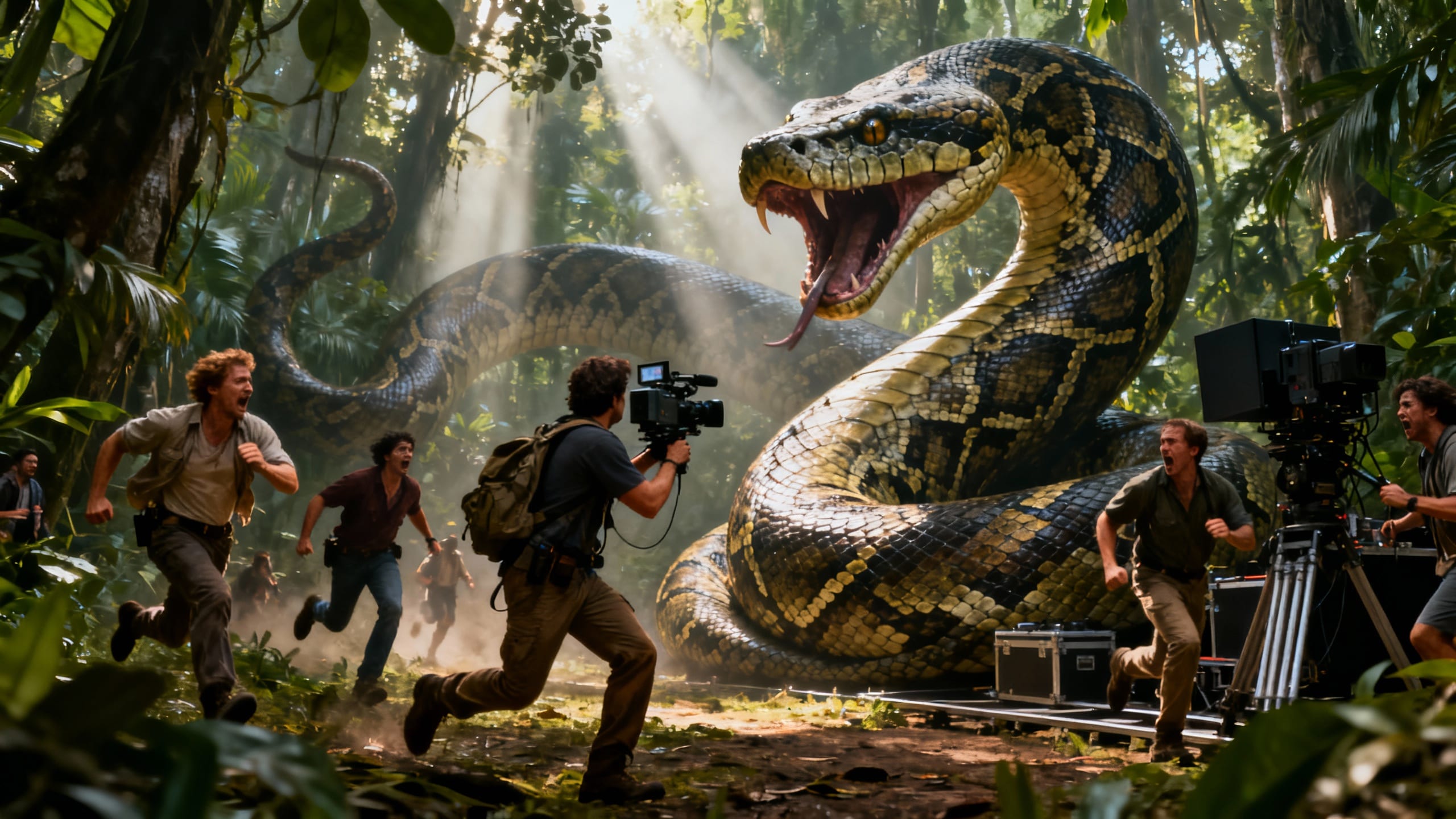 Grande scène avec serpent géant dans jungle, acteurs paniqués.