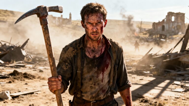 Homme ensanglanté tenant une pioche dans les ruines.