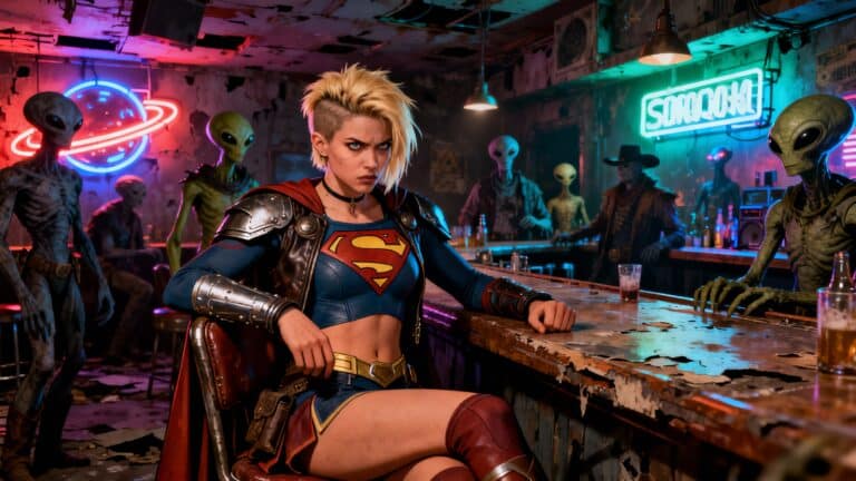 Super-héroïne dans un bar avec extraterrestres.