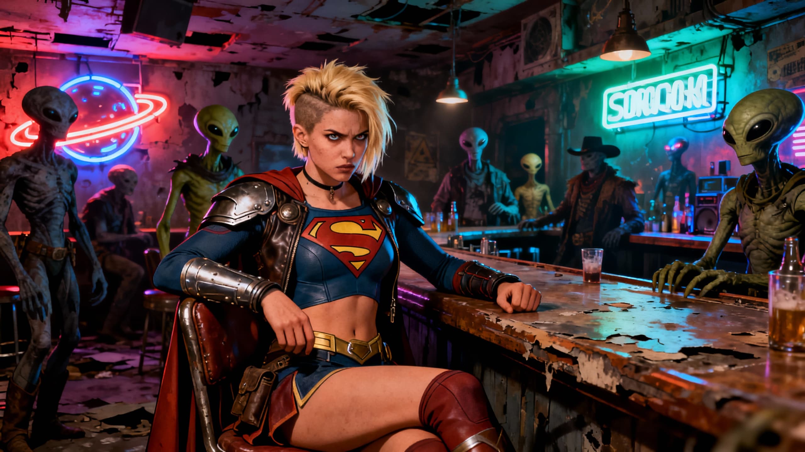 Super-héroïne dans un bar avec extraterrestres.