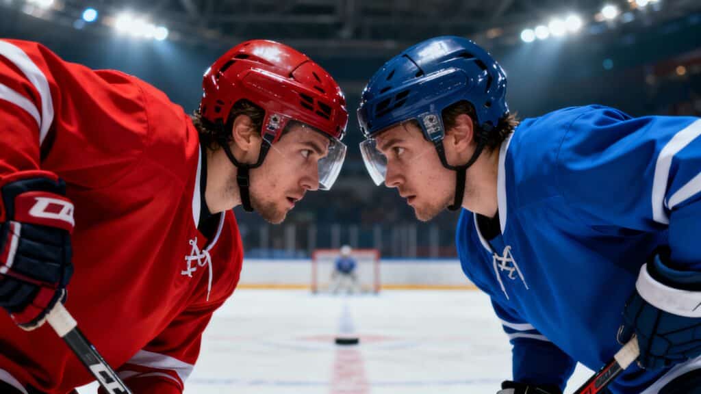Joueurs de hockey face à face sur la glace.