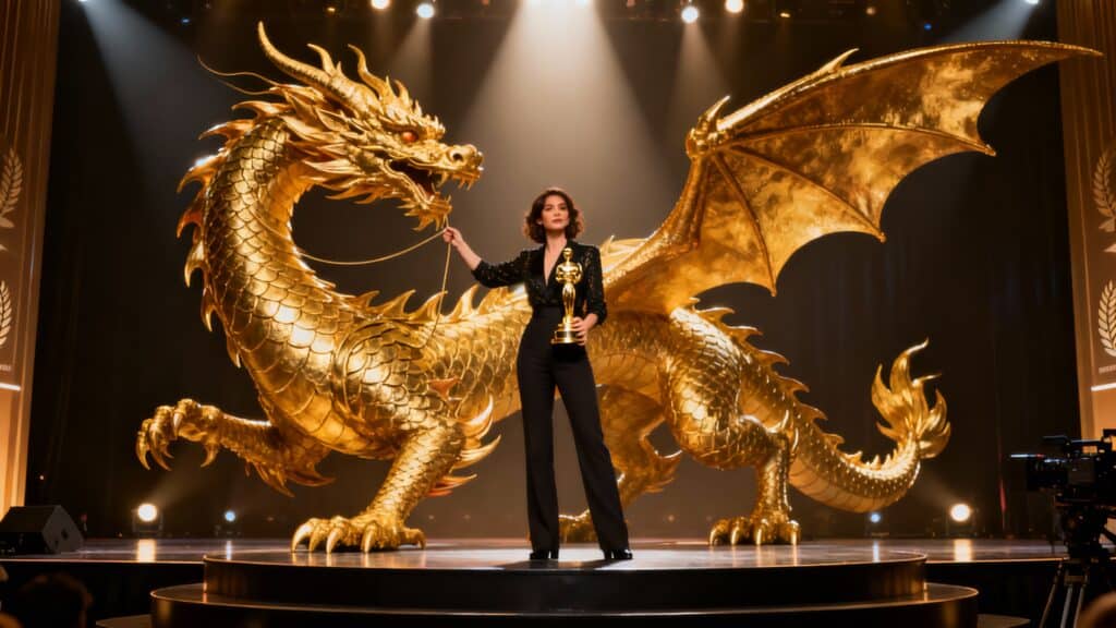 Femme tenant trophée devant grand dragon doré.