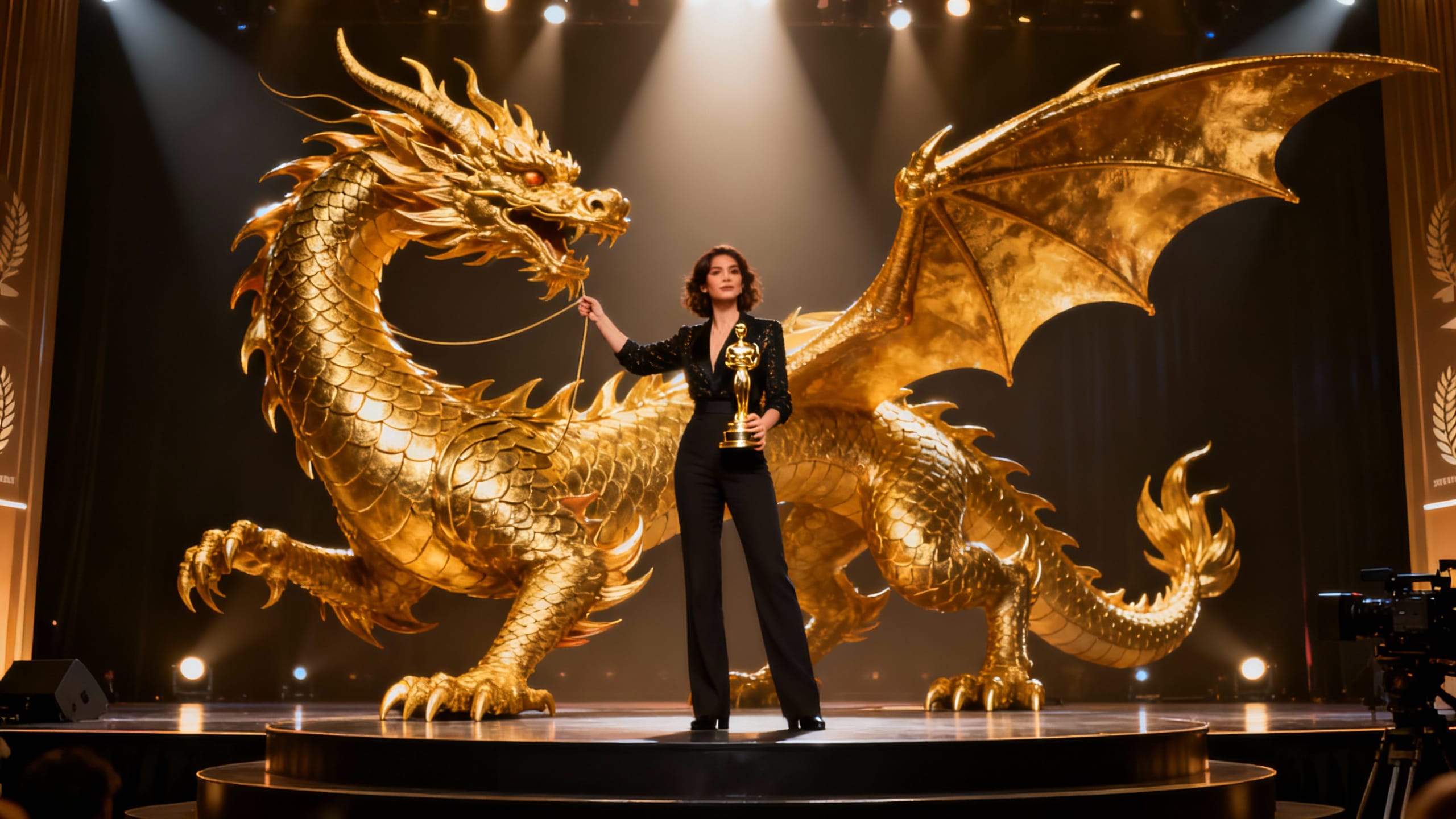 Femme tenant trophée devant grand dragon doré.