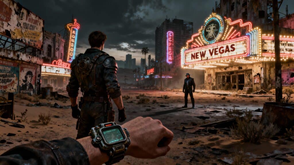 Scène post-apocalyptique avec personnages et néons.