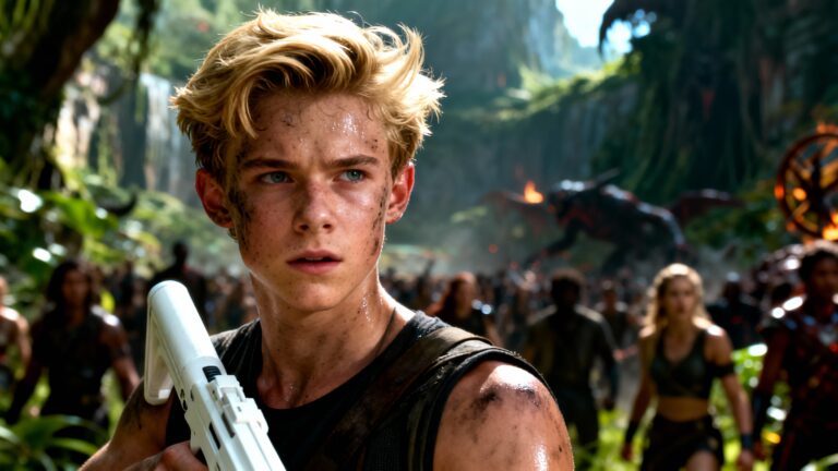 Jeune homme armé dans une jungle fantastique.