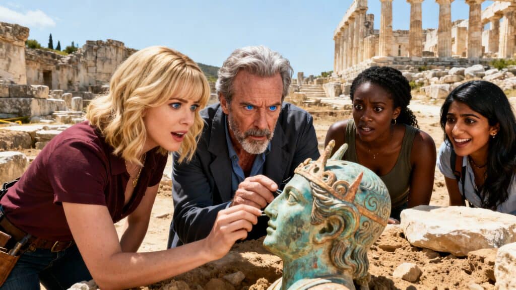 Groupe examinant une statue ancienne dans des ruines.