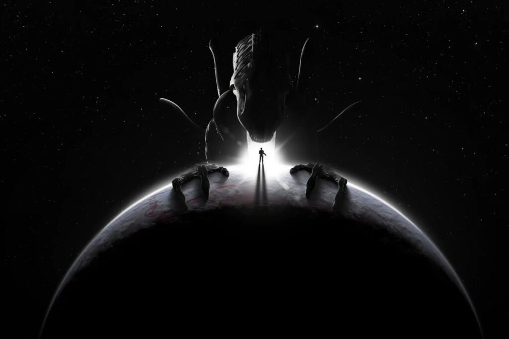 Silhouette devant une créature géante sur la planète.