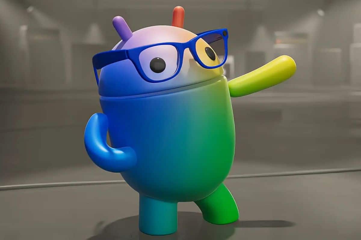 Mascotte colorée avec lunettes sourit.