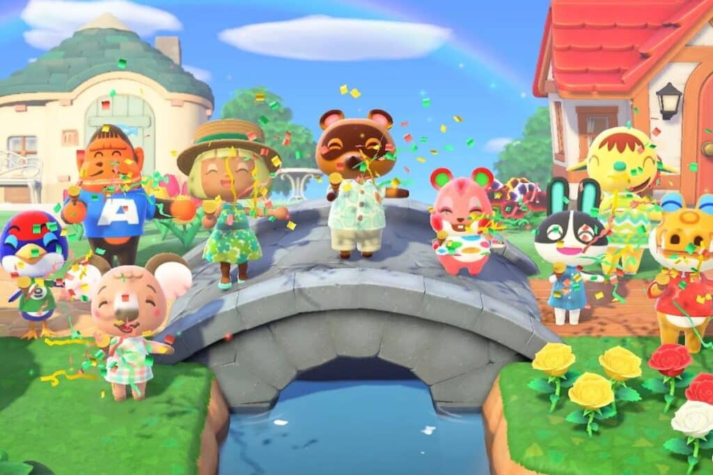 Personnages colorés fêtant sur un pont.