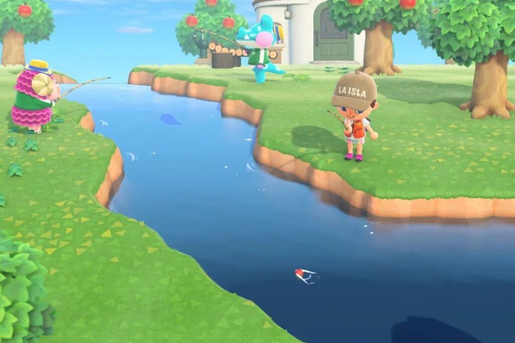 Personnages pêchant près de la rivière dans un jeu.