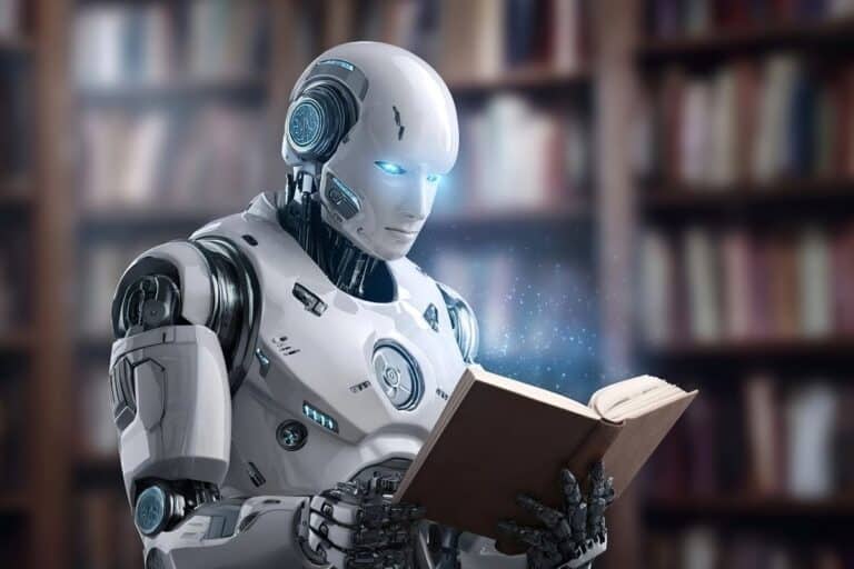 Robot lisant un livre en bibliothèque