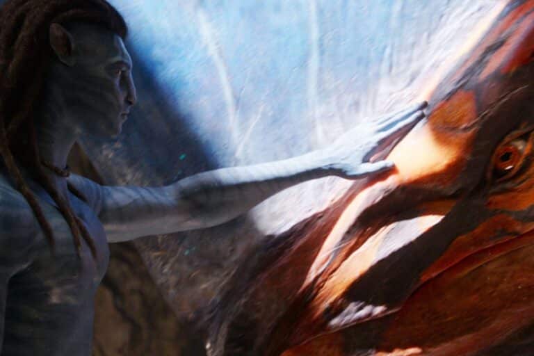 Personnage bleu touche une créature exotique colorée.