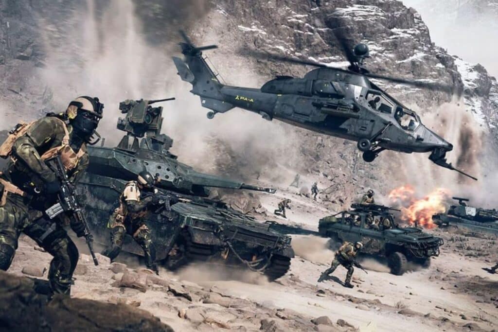 Scène de bataille militaire intense en montagnes.