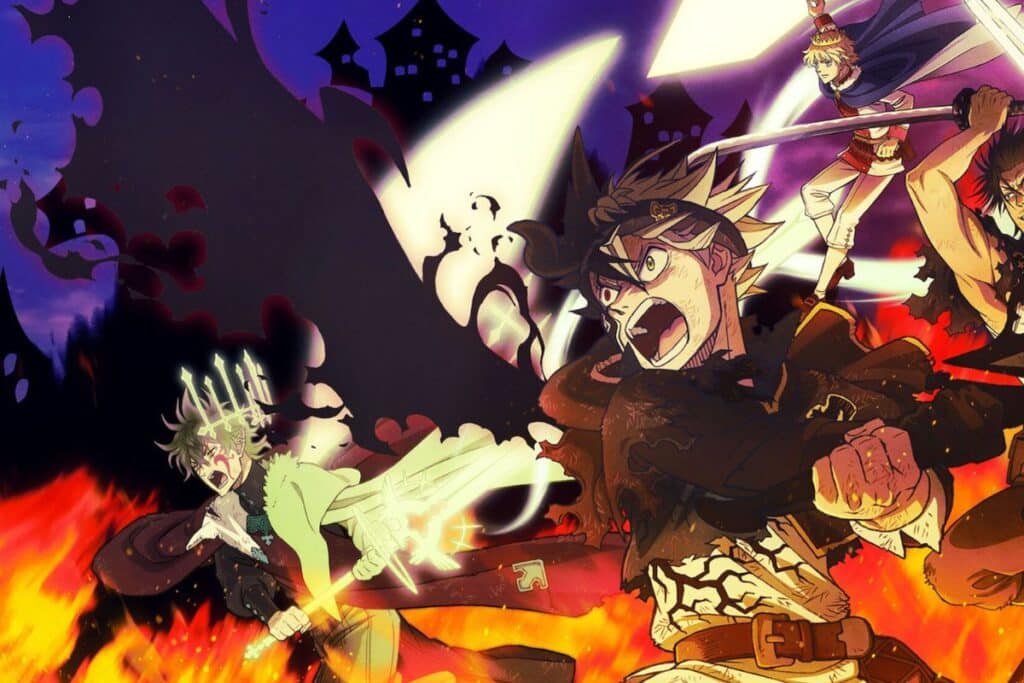 Personnages d'anime combattant dans les flammes, épées en main.