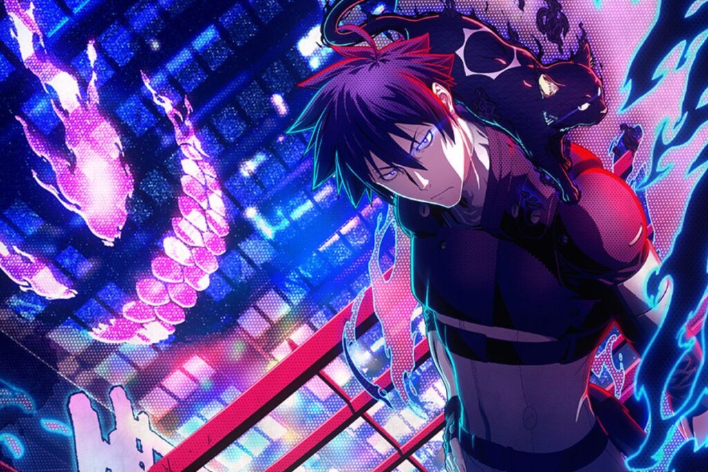 Personnage animé avec chat sur l'épaule, couleurs vives.