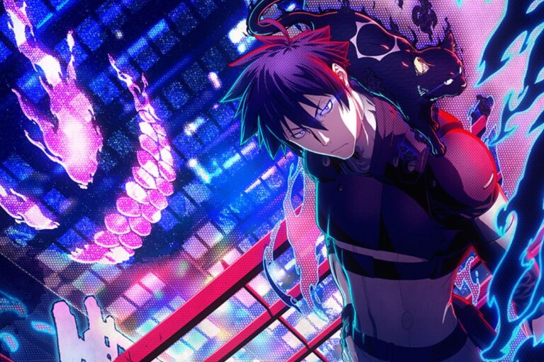 Personnage animé avec chat sur l'épaule, couleurs vives.