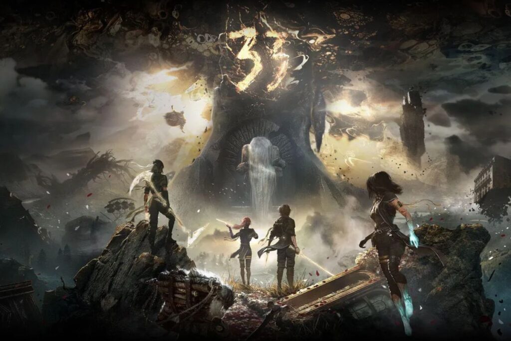 Quatre héros devant un paysage fantastique et mystique.