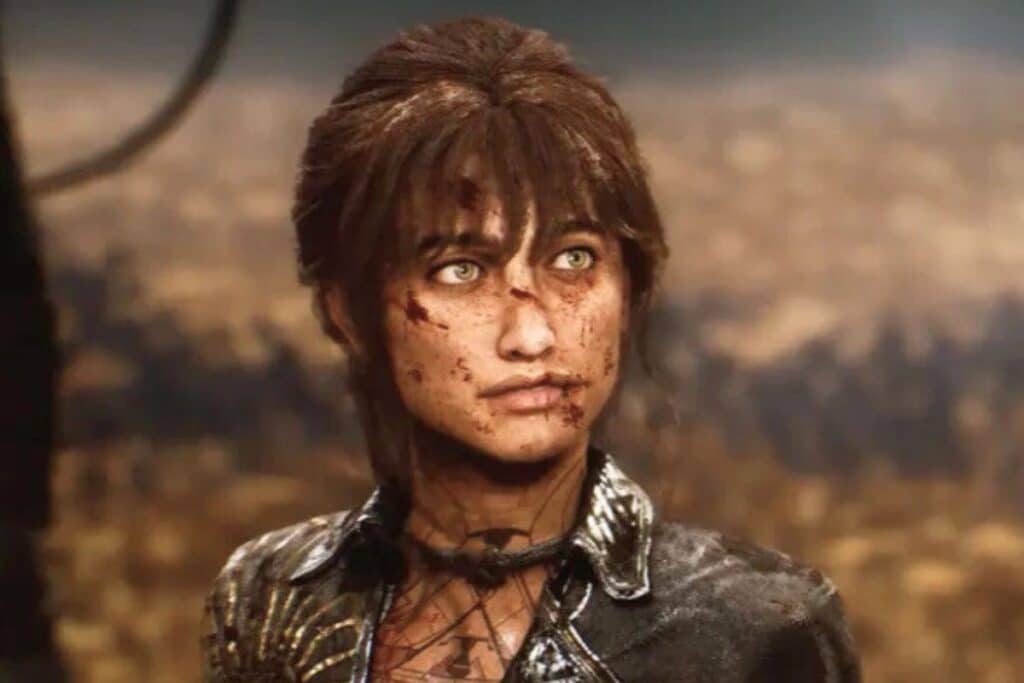 Femme au visage sale, regard déterminé.