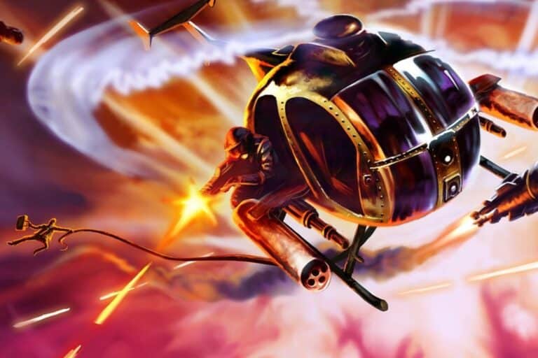 Hélicoptère et personnage dans bataille aérienne dynamique.