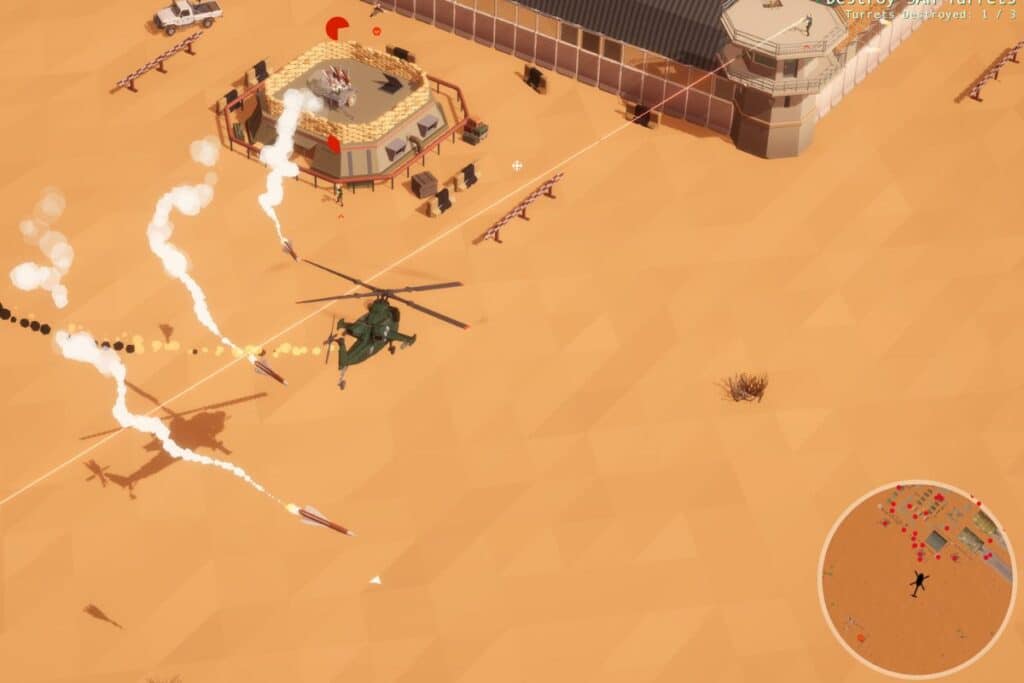 Jeu vidéo d'hélicoptère attaquant une base militaire.