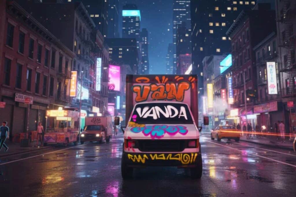 Camion coloré sur une rue de nuit.