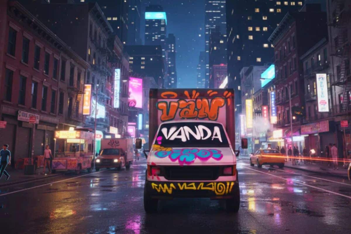 Camion coloré sur une rue de nuit.