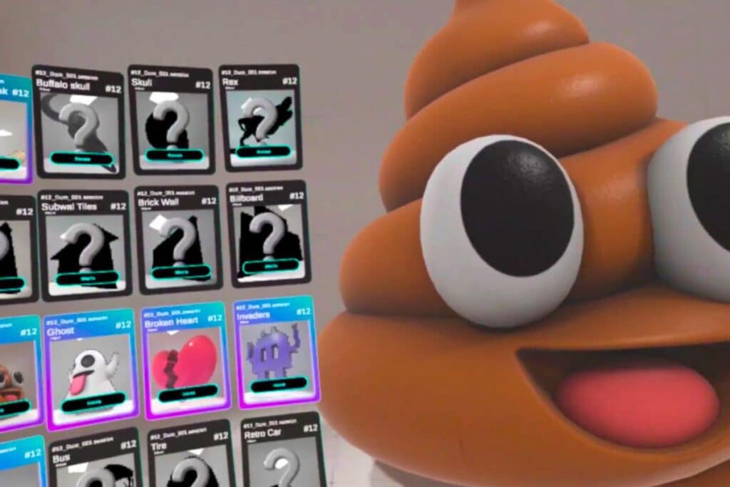 Émoticône caca souriant avec cartes numériques en arrière-plan.