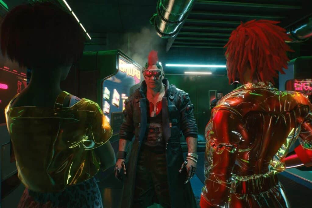 Trois personnages futuristes discutent dans un environnement numérique.