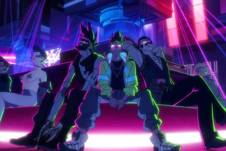 Scène cyberpunk avec personnages et lumières néon vives.