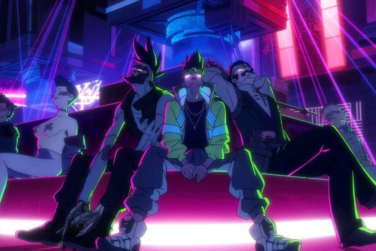 Scène cyberpunk avec personnages et lumières néon vives.